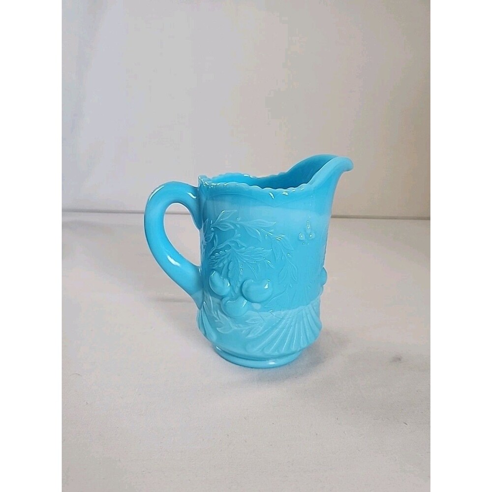 Vintage WREATHED CHERRY Blue Slag Glass Creamer Westmoreland/LG Wright